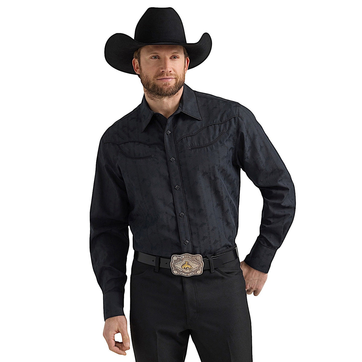 Wrangler Men’s Ben Rodeo Western Snap Shirt - Black Dobby