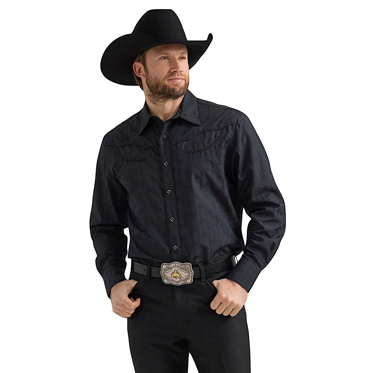 Wrangler Men’s Ben Rodeo Western Snap Shirt - Black Dobby