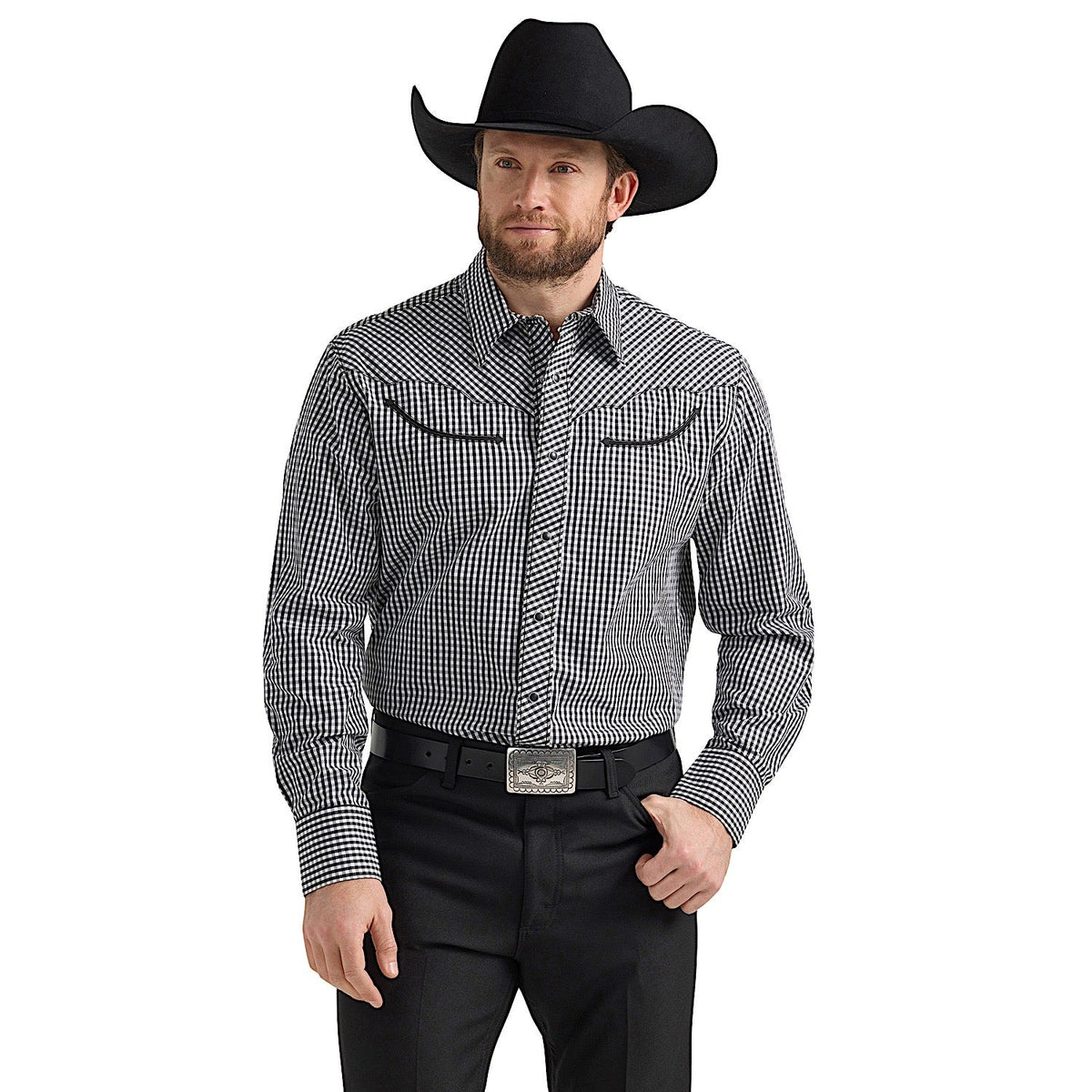 Wrangler Men’s Ben Rodeo Western Snap Shirt - Black Gingham