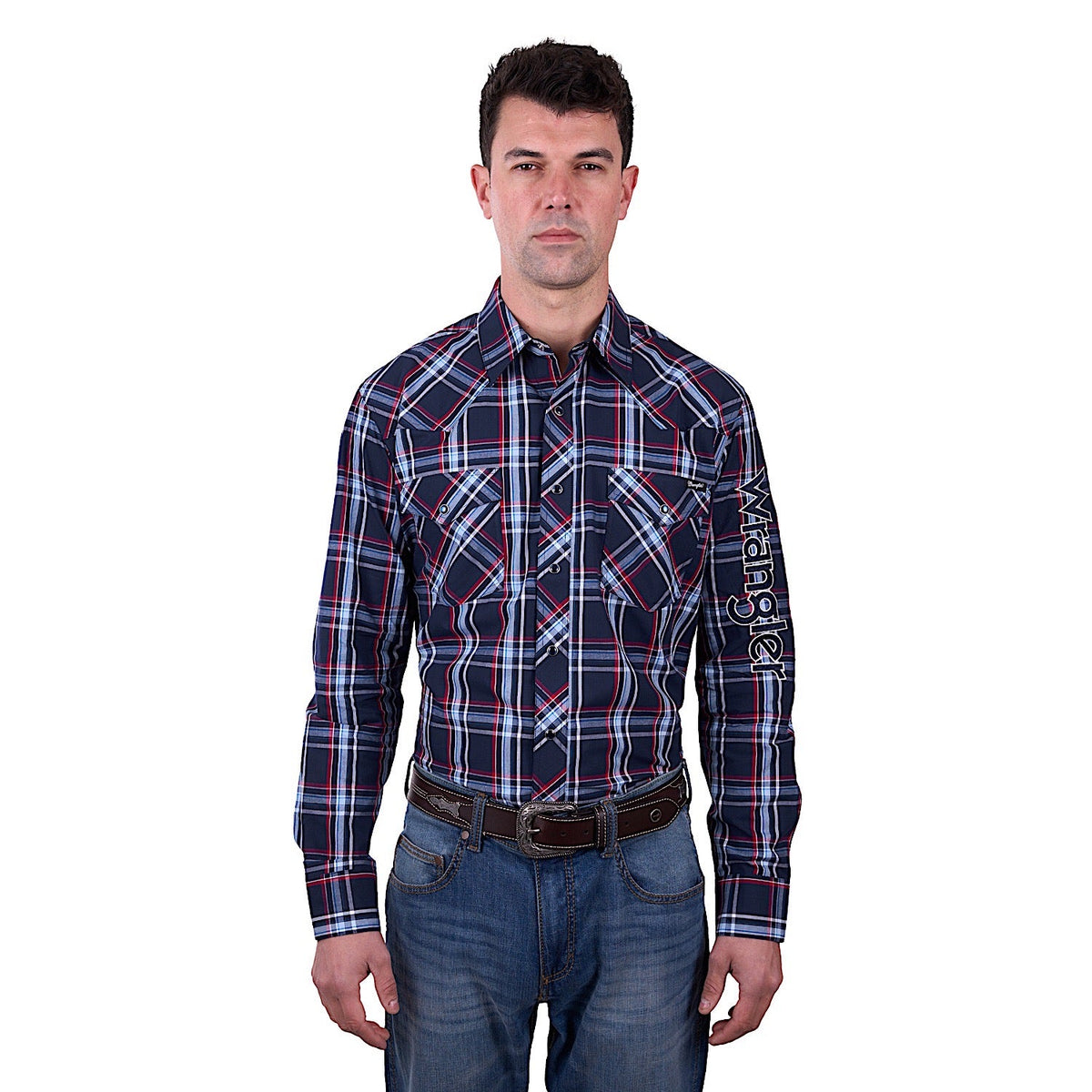 Wrangler Men’s Hugo Check Logo Western Long Sleeve Shirt - Navy/Red