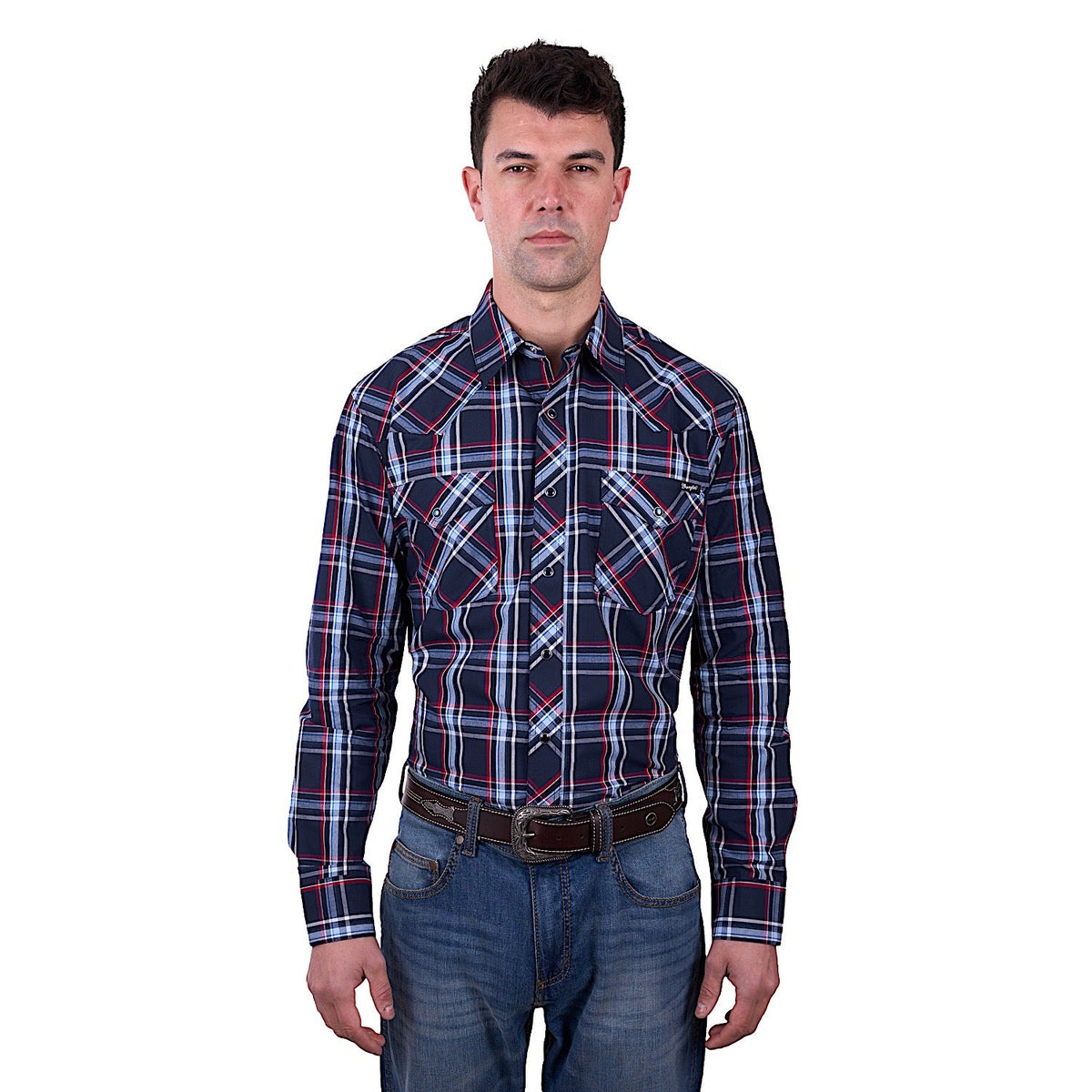 Wrangler Men’s Hugo Check Western Long Sleeve Shirt - Navy/Red
