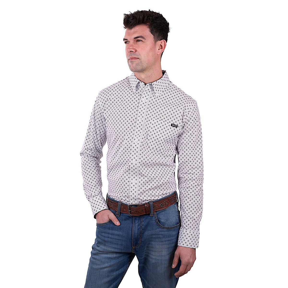 Wrangler Men’s Knox Print Button Down Long Sleeve Shirt - White/Dark Tan