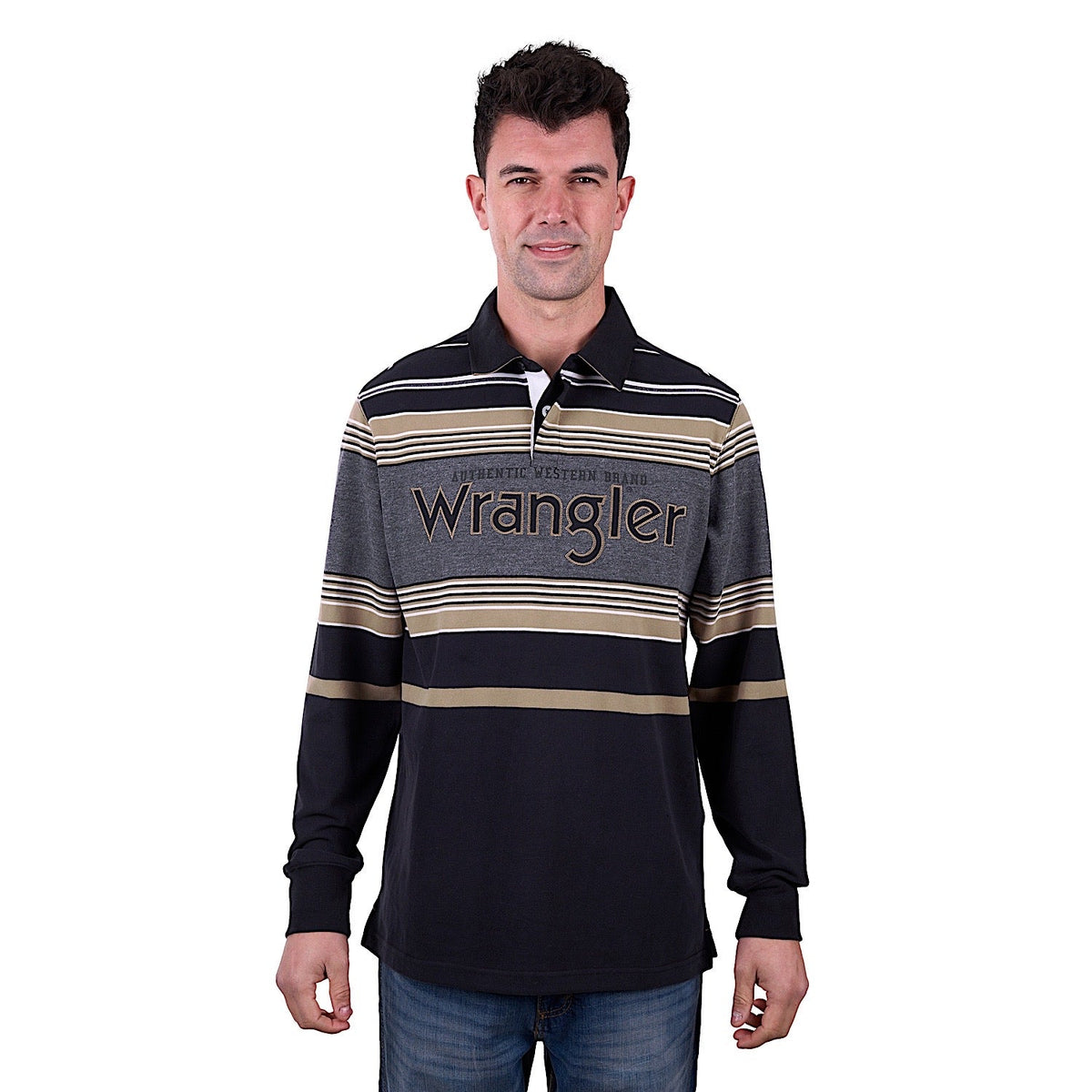 Wrangler Men’s Luke Stripe Rugby - Black/Charcoal Marle