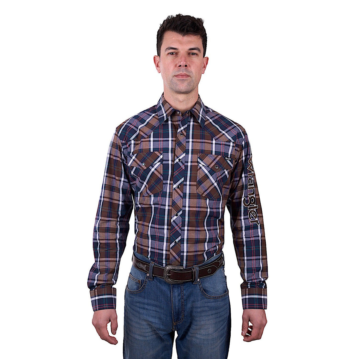 Wrangler Men’s Milo Check Logo Western Long Sleeve Shirt - Tan/Navy