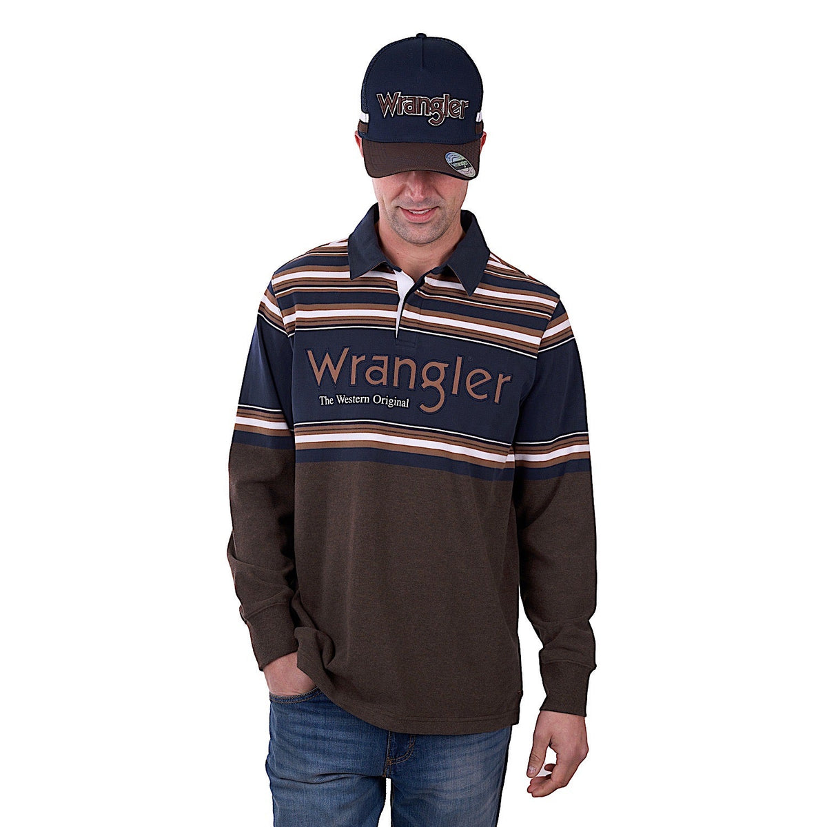 Wrangler Men’s Nico Stripe Rugby - Tan Marle/Navy