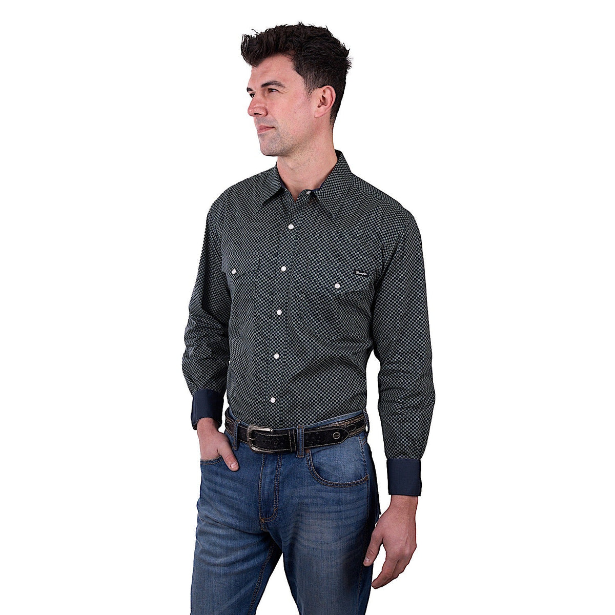 Wrangler Men’s Steve Print Western Long Sleeve Shirt - Cypress