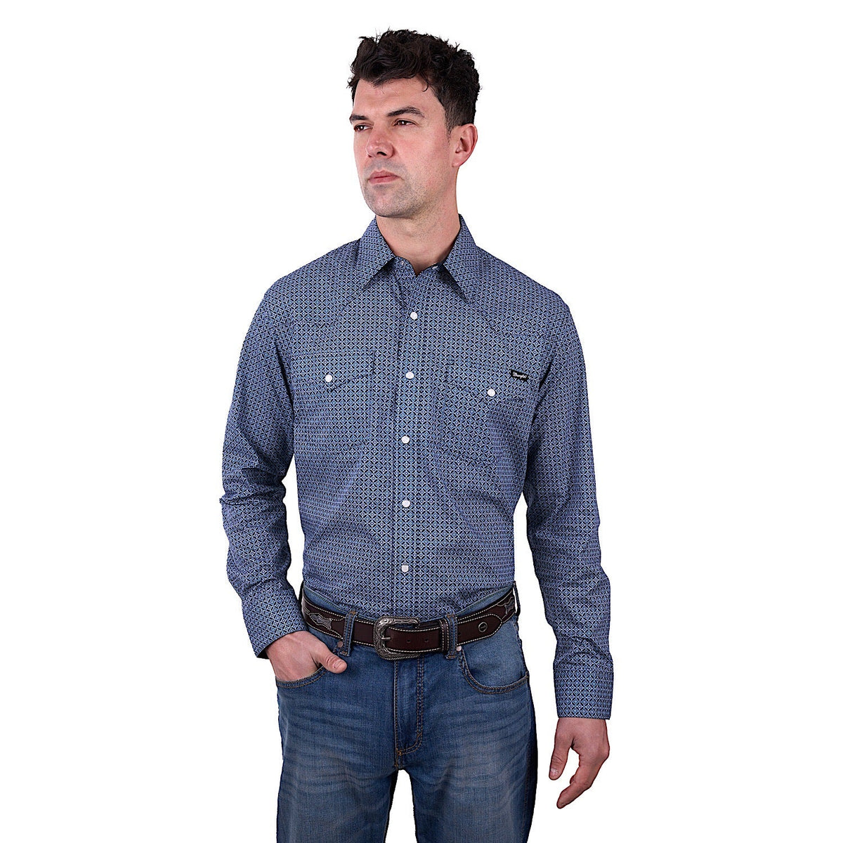 Wrangler Men’s Theo Print Western Long Sleeve Shirt - Navy/Blue