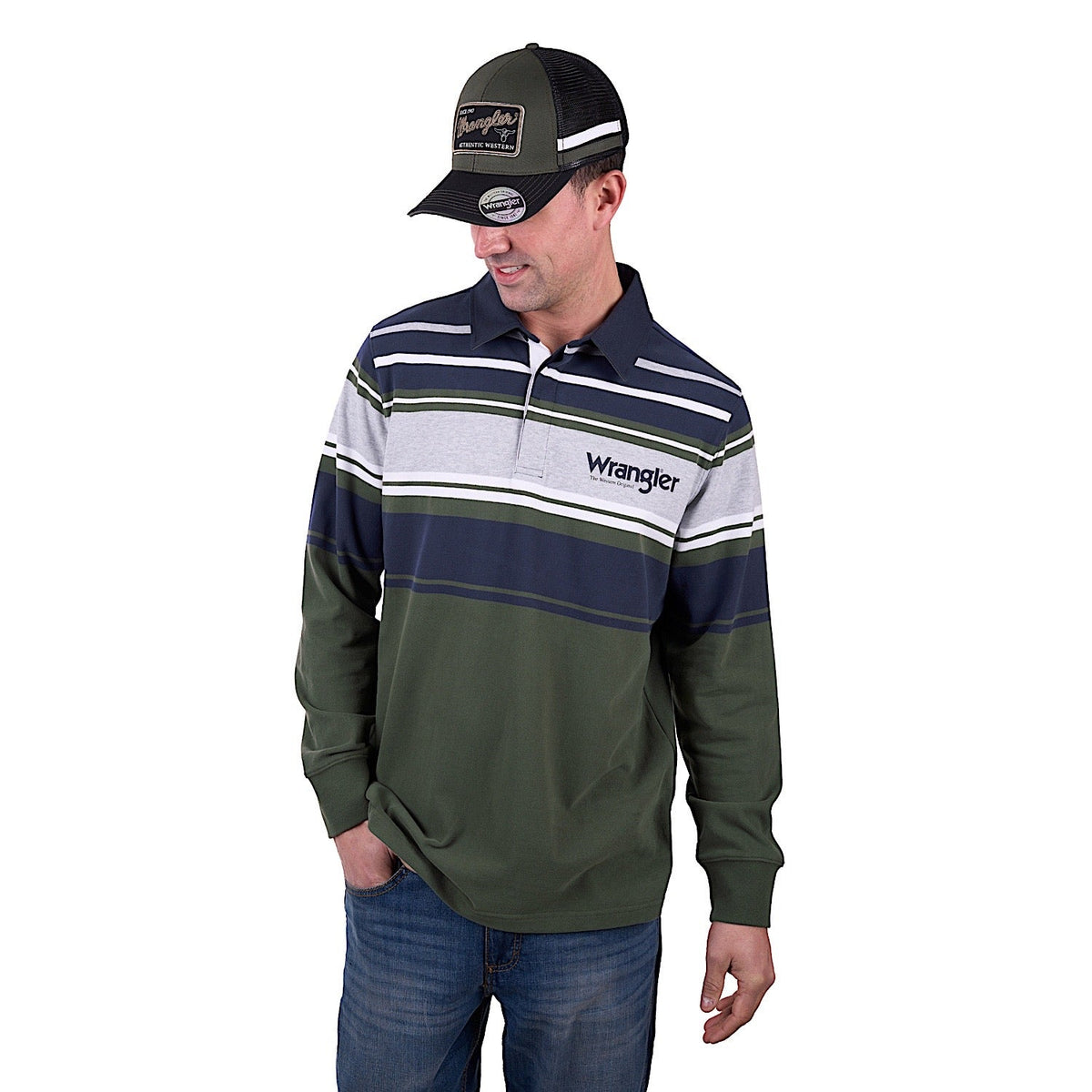 Wrangler Men’s Zane Stripe Rugby - Cypress/Navy