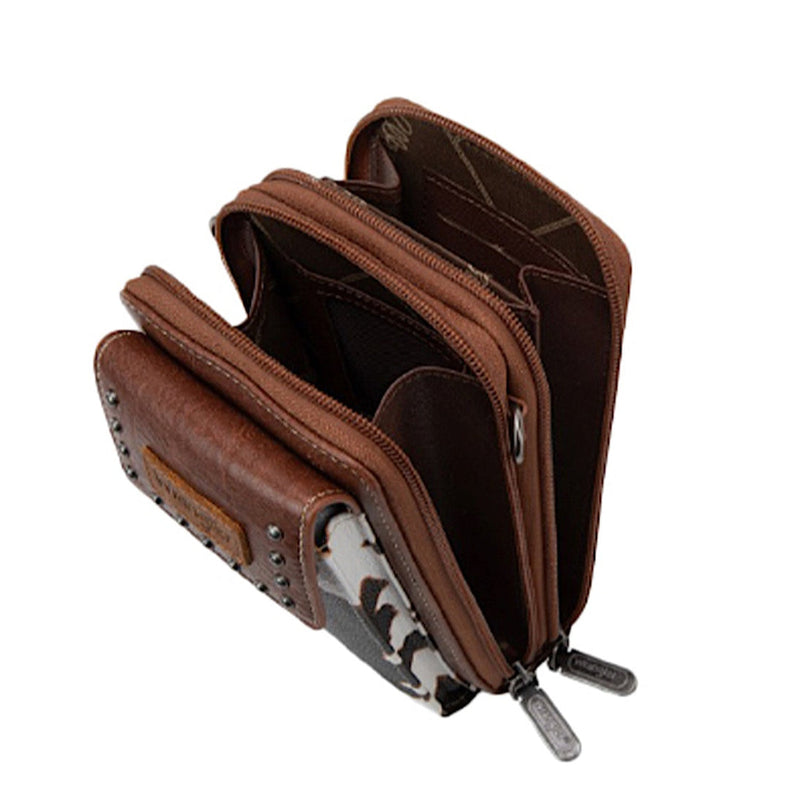 Wrangler Women’s Cow Print Phone Wallet Bag - Dark Tan
