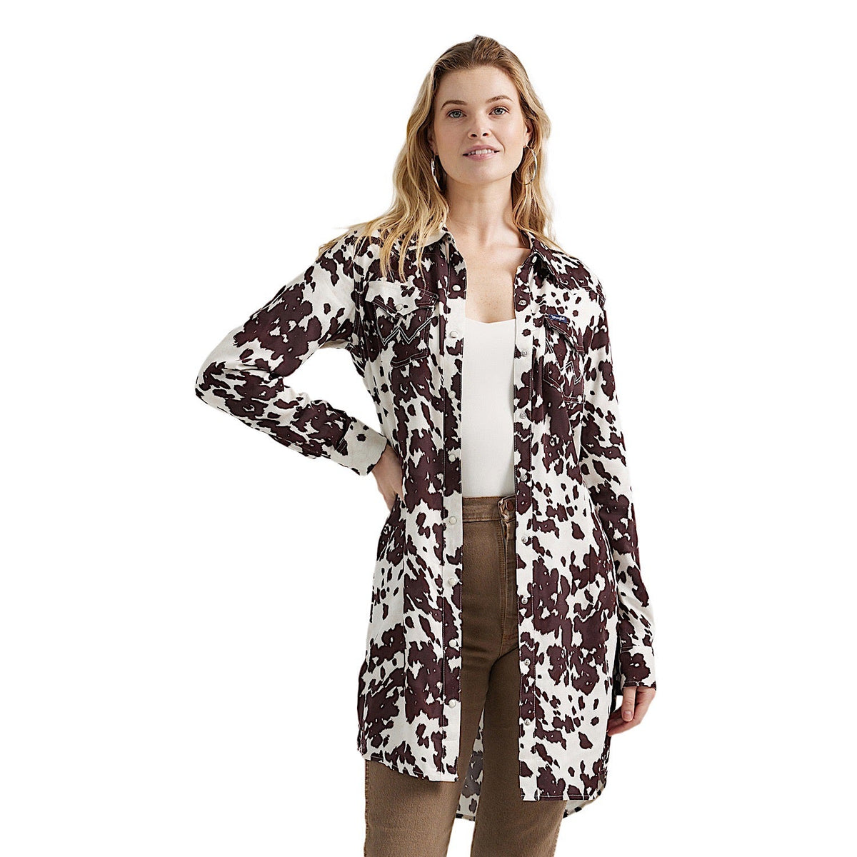 Wrangler Women’s Cow Print Western Snap Dress - Brown Cow
