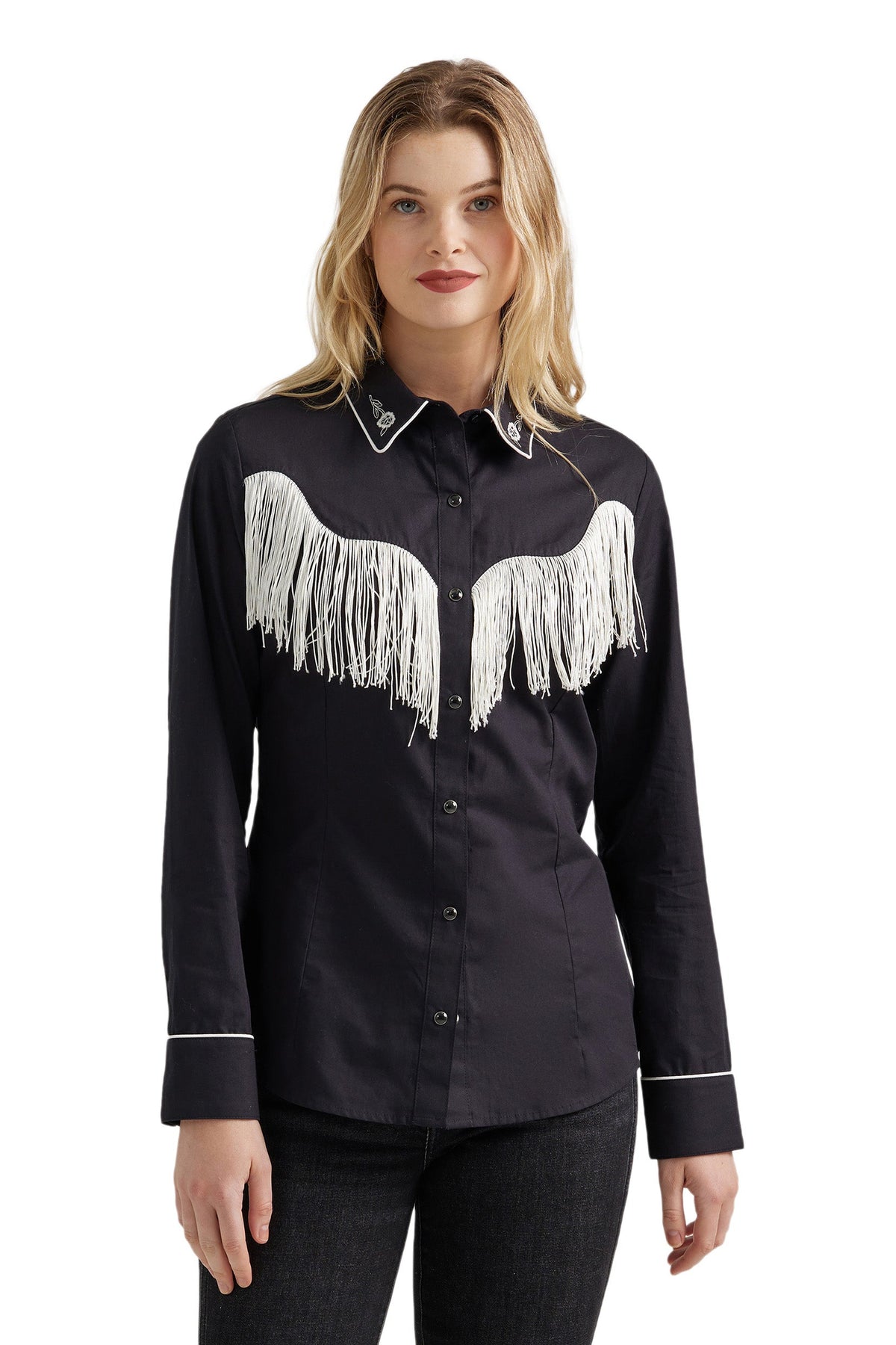 Wrangler Women’s Fringed Snap Dress Shirt - Black