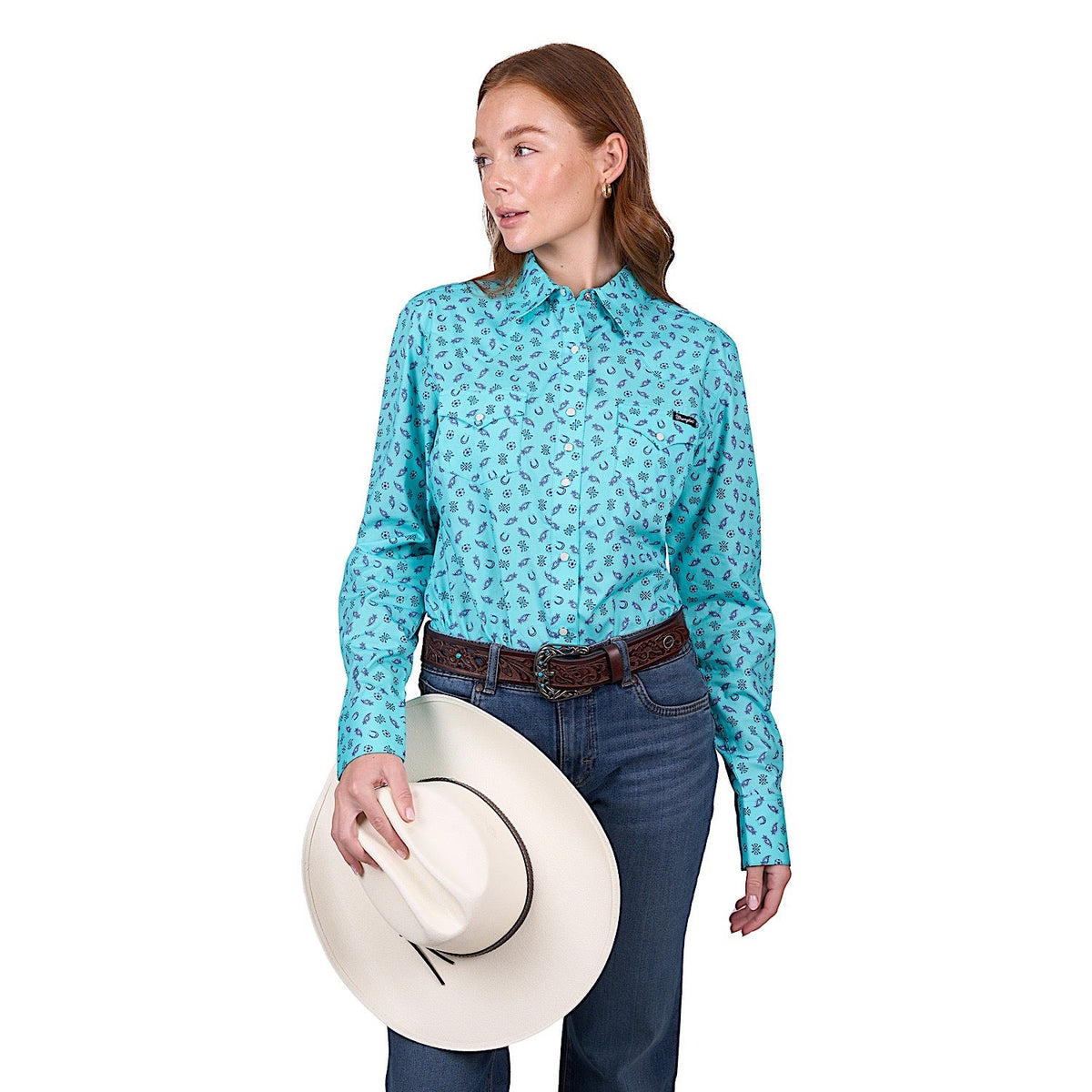Wrangler Women’s Janice Print Western Long Sleeve Shirt - Aqua