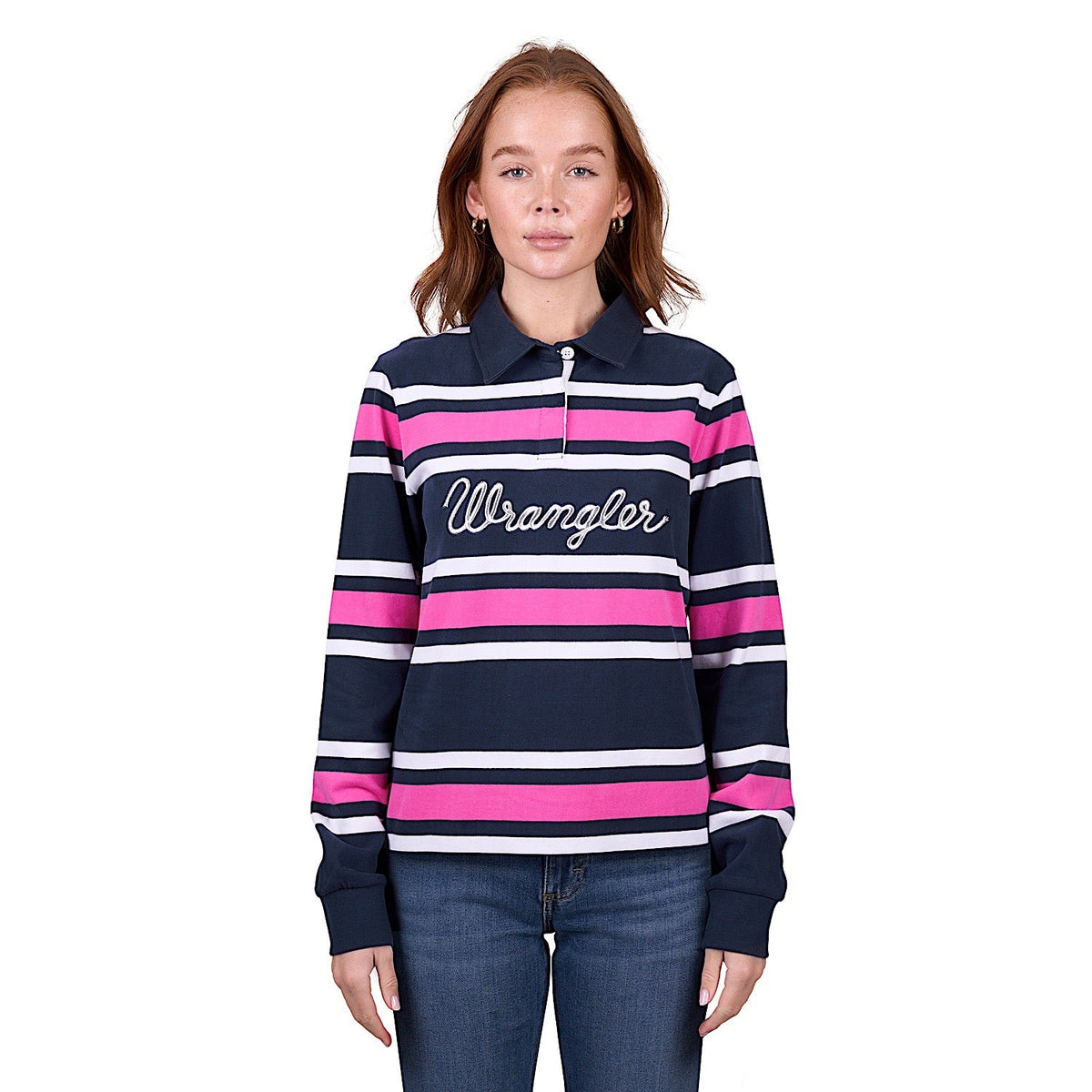 Wrangler Women’s Moira Fashion Stripe Rugby - Navy/Fuchsia
