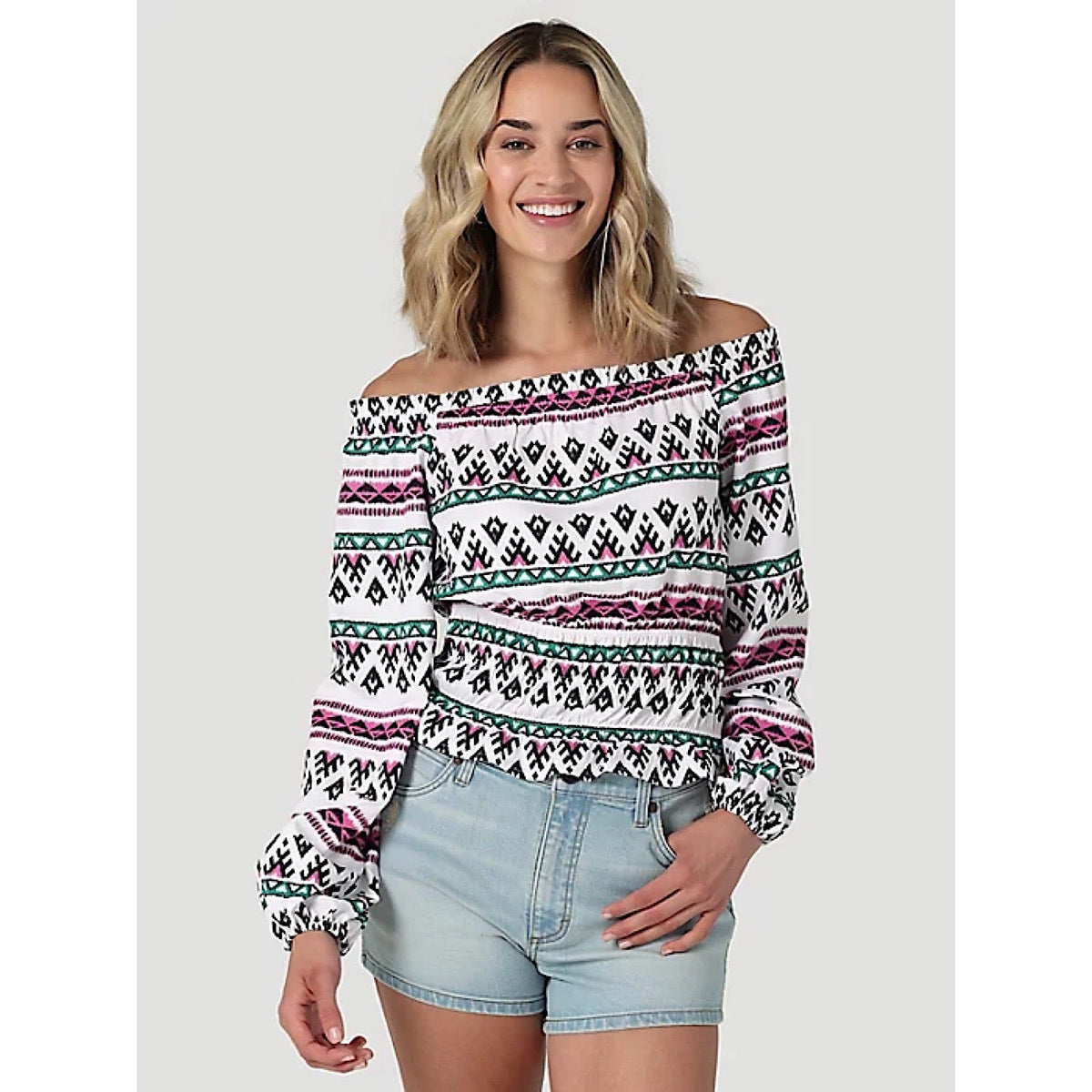 Wrangler Womens off the Shoulder Smocked Top in White Geo