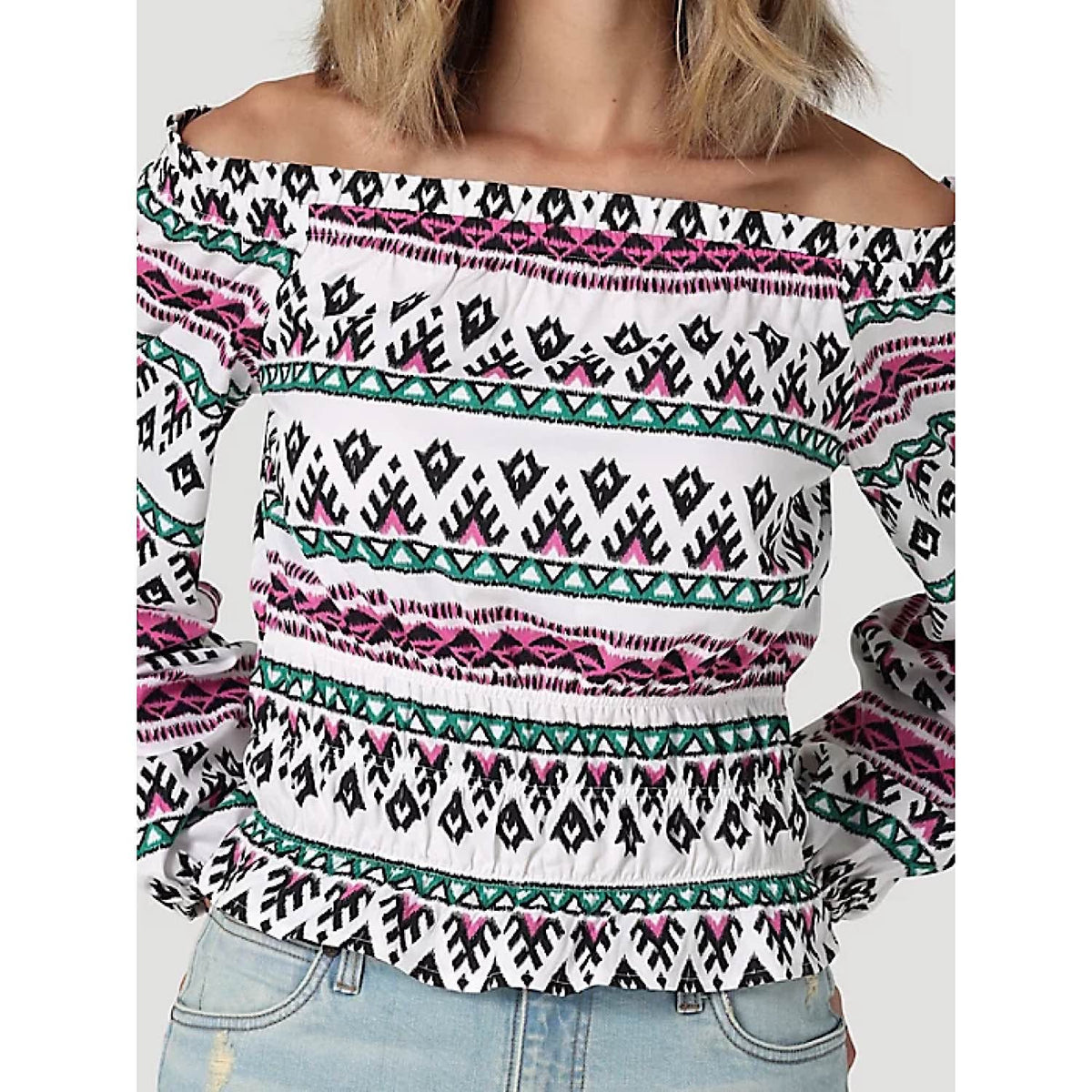 Wrangler Womens off the Shoulder Smocked Top in White Geo
