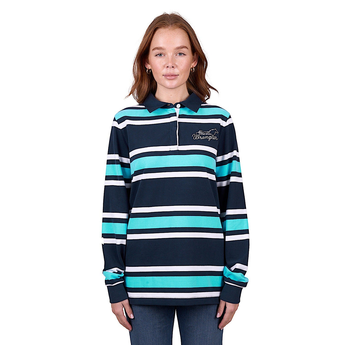 Wrangler Women’s Trista Stripe Rugby - Navy/Aqua