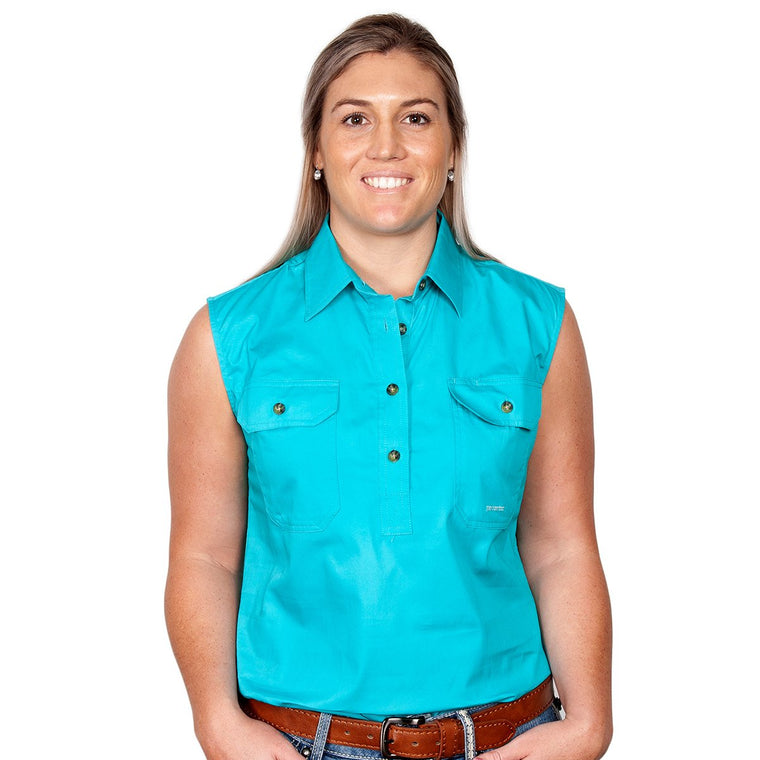 Just Country Womens Kerry Sleeveless Half Button Work Shirt Turquoise