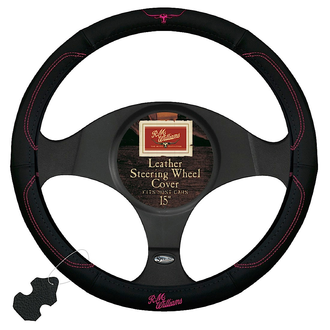 R.M.Williams Steering Wheel Cover 15" Black Pink
