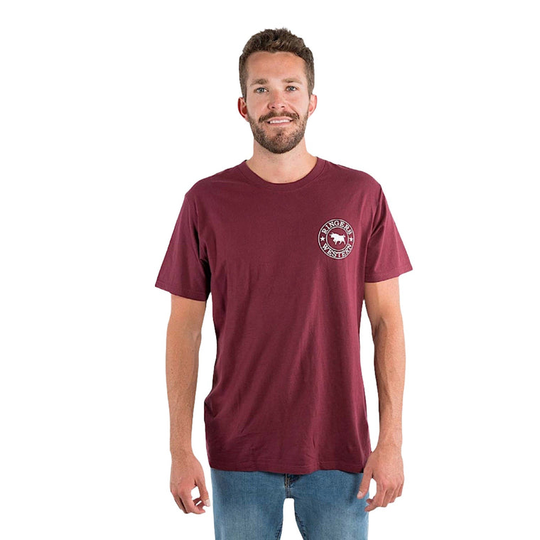 Ringers Western Signature Bull Men's Loose T-Shirt - Burgundy with White Print