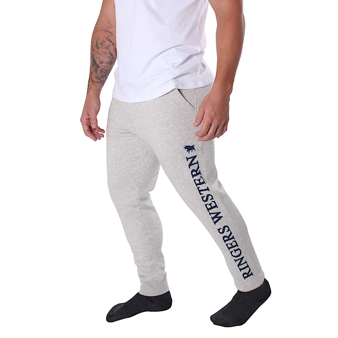 Ringers Western Texas Men's Trackpants - Grey Marle with Black Print