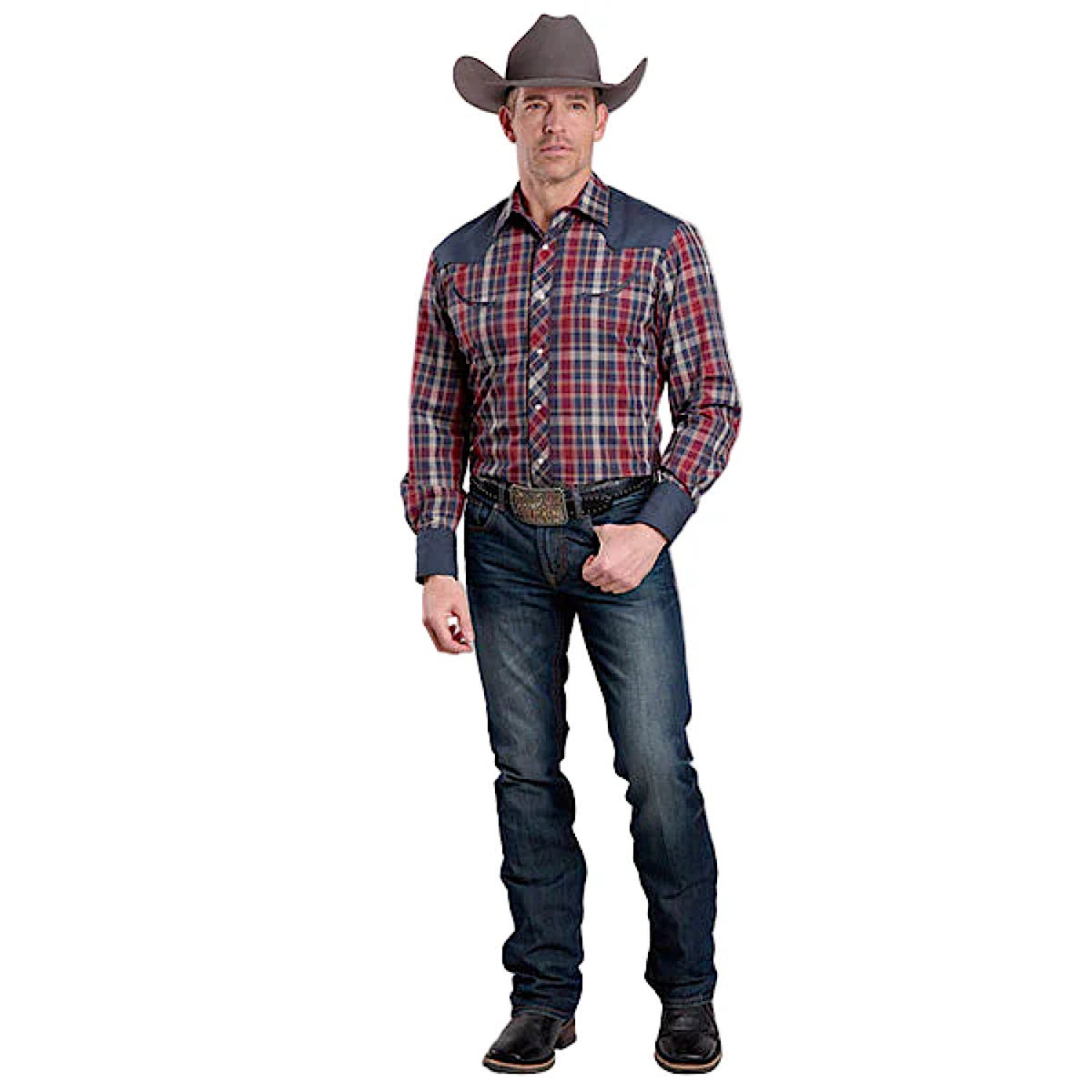 Roper Men's Karman Classics 55/45 Shirt - Plaid Caramel / Wine / Blue