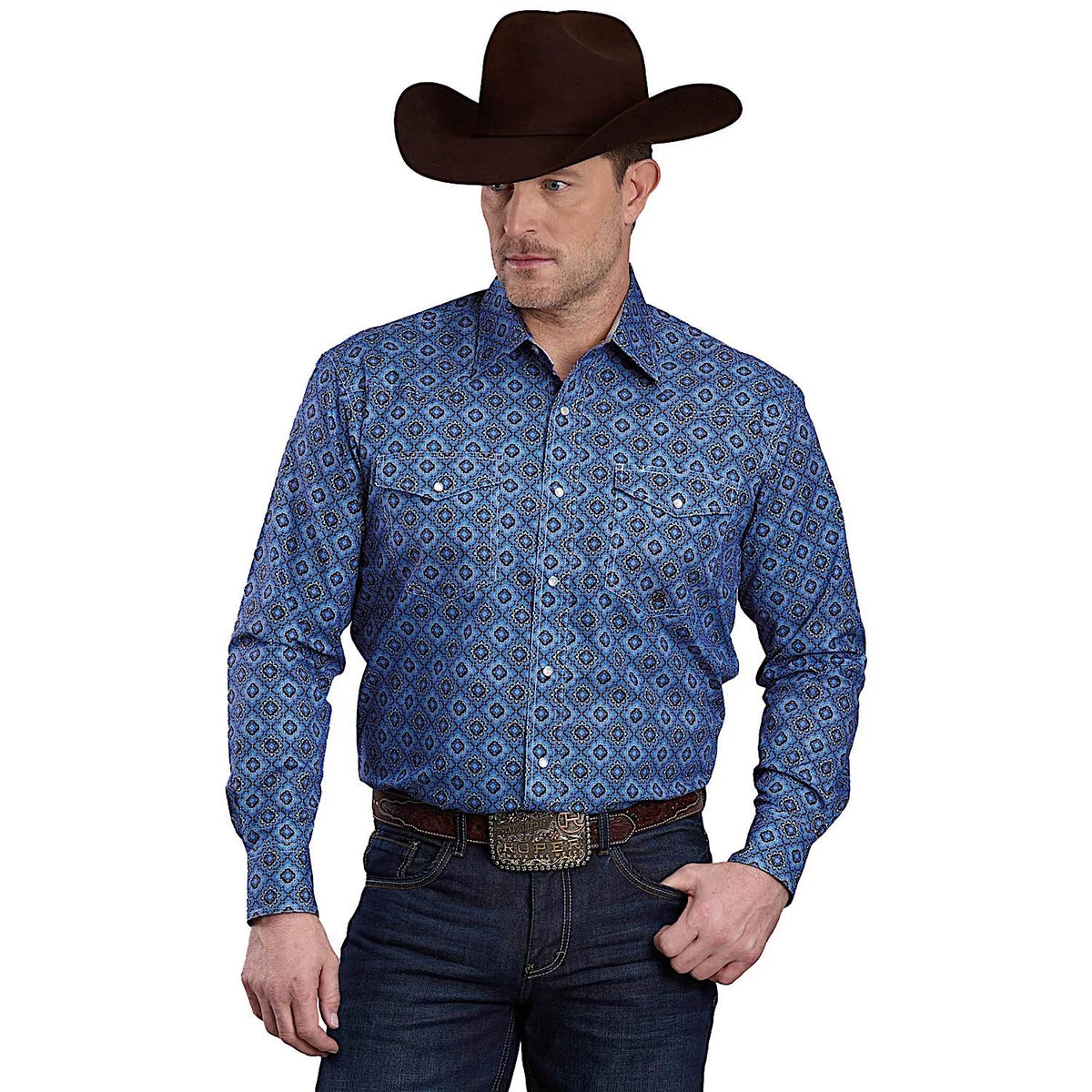 Roper Men's Amarillo Collection Shirt - Print Vintage Blue Medallion Paisley