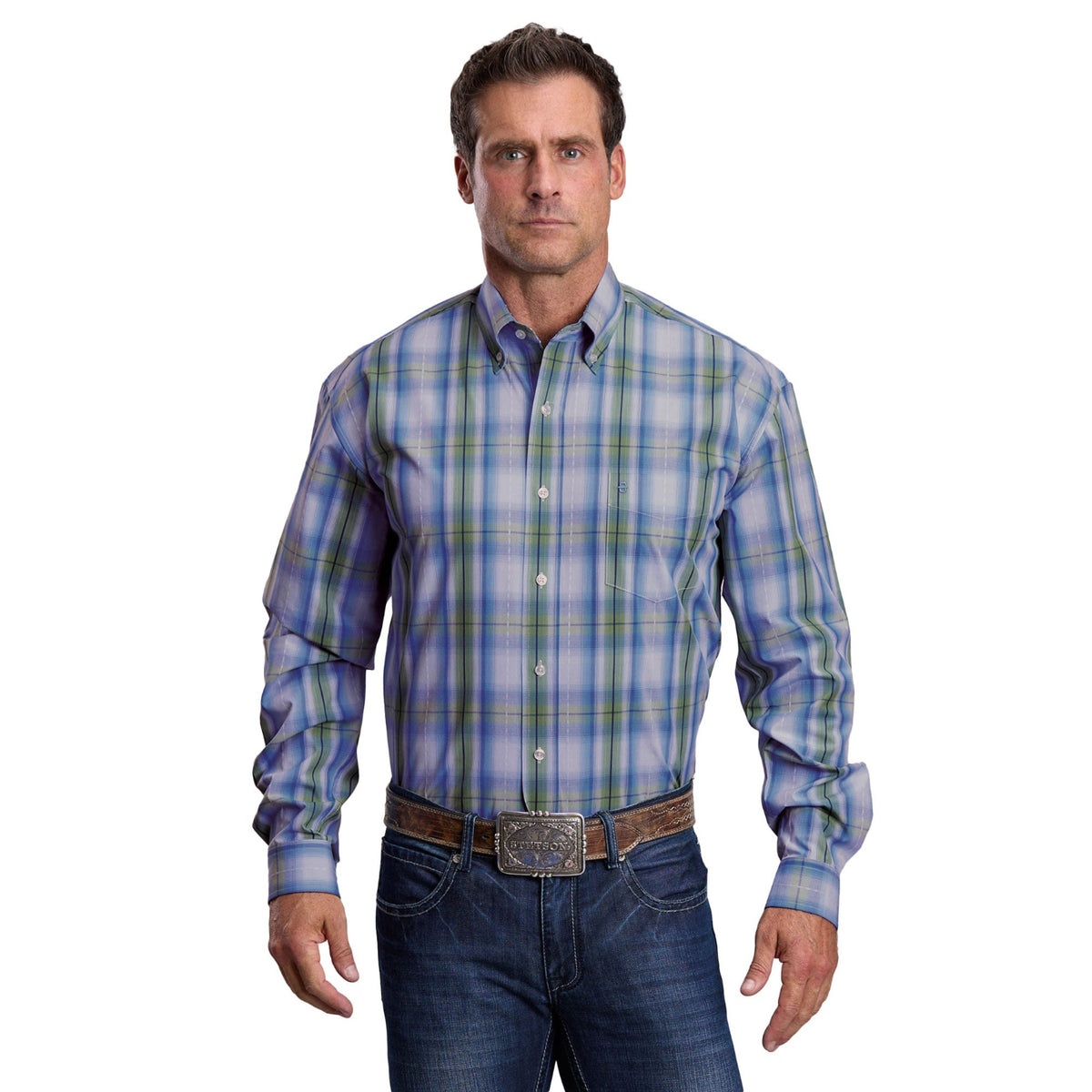 Stetson Men's 1 Pocket Print Shirt - Blue Plaid