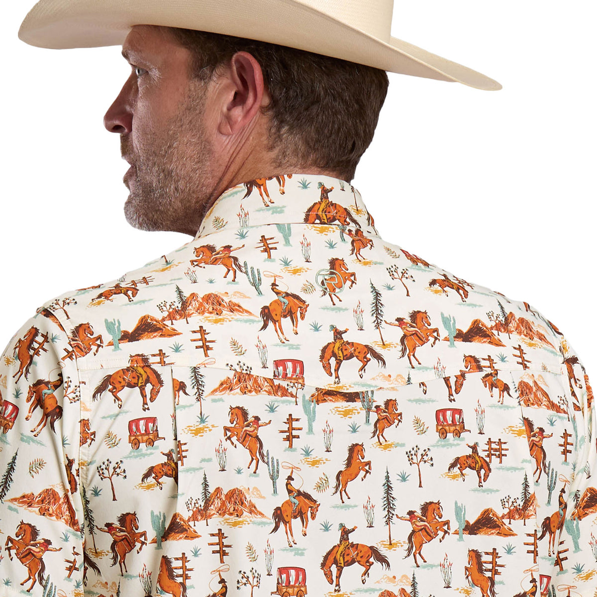 Roper Men's Active Collection Short Sleeve Shirt - White Bronc Print