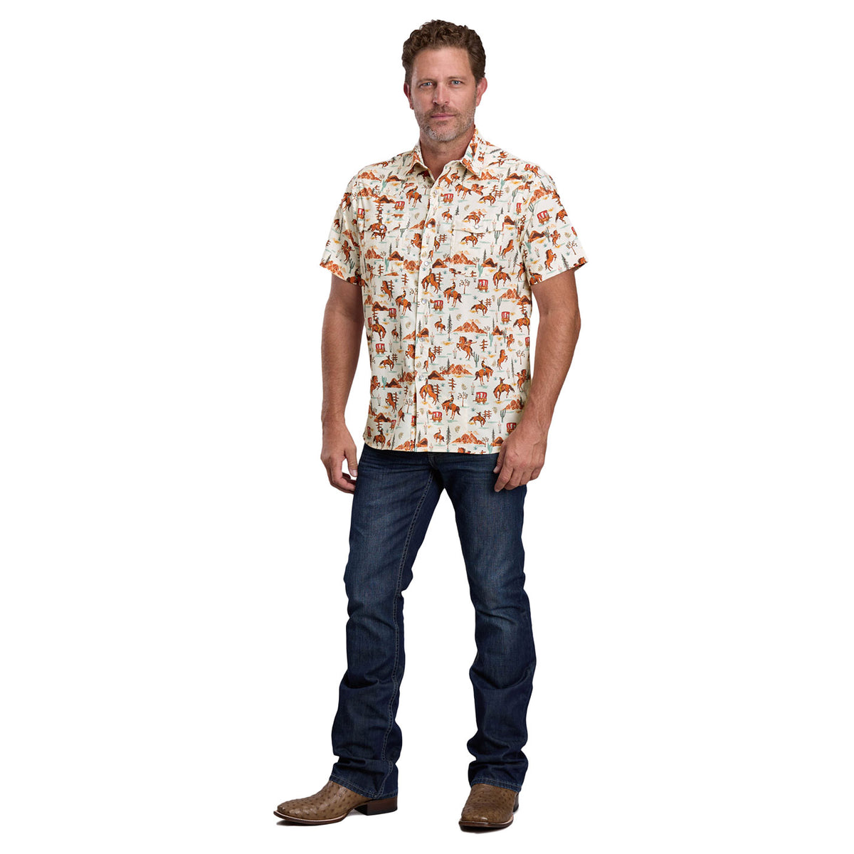 Roper Men's Active Collection Short Sleeve Shirt - White Bronc Print