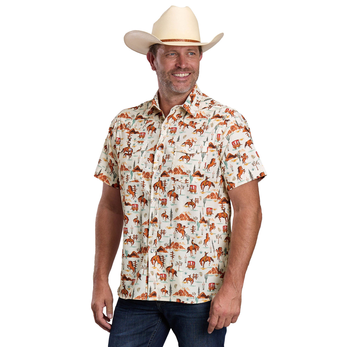 Roper Men's Active Collection Short Sleeve Shirt - White Bronc Print
