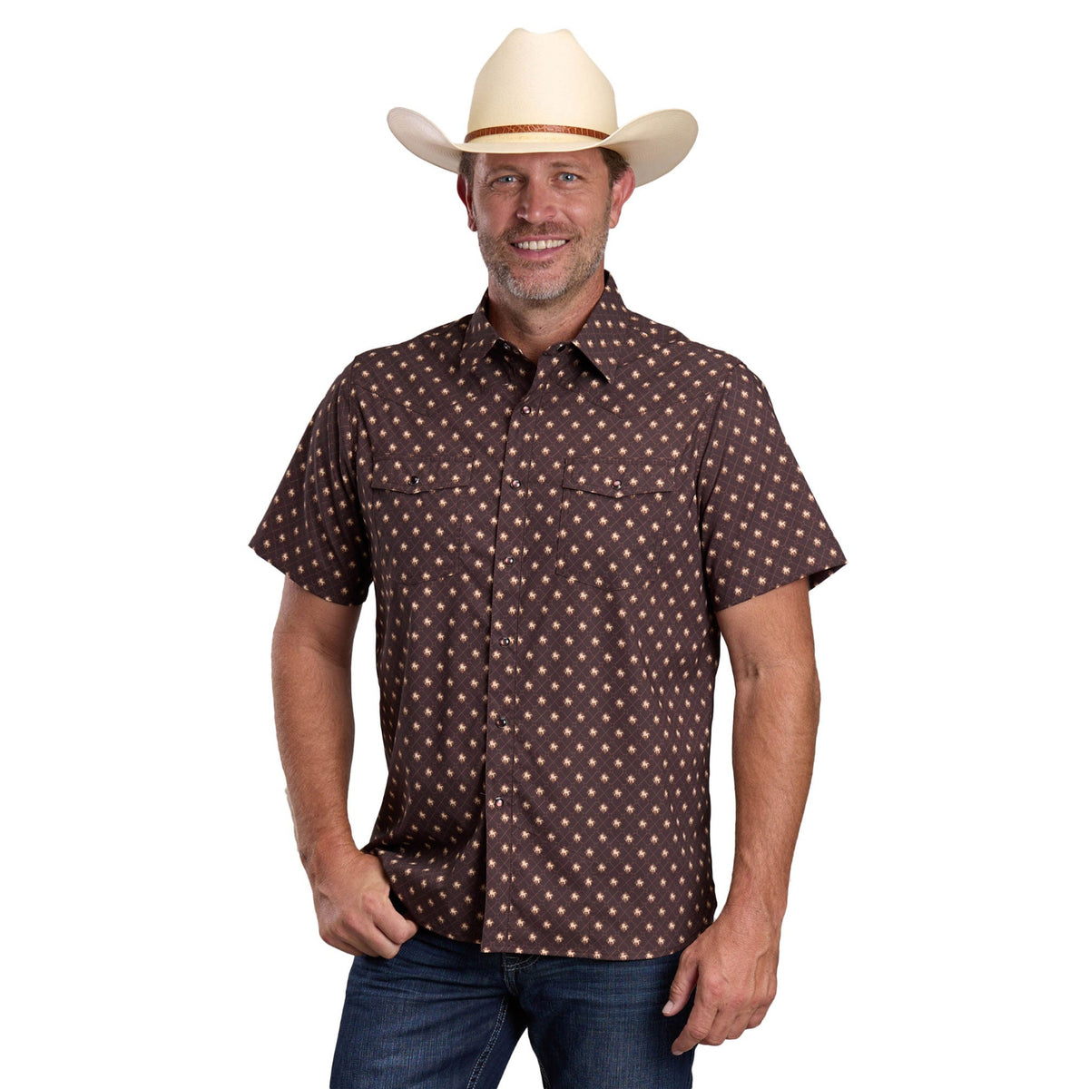 Roper Men's Active Collection Short Sleeve Shirt - Brown Geo Print
