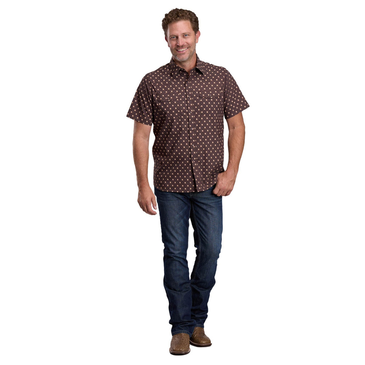 Roper Men's Active Collection Short Sleeve Shirt - Brown Geo Print