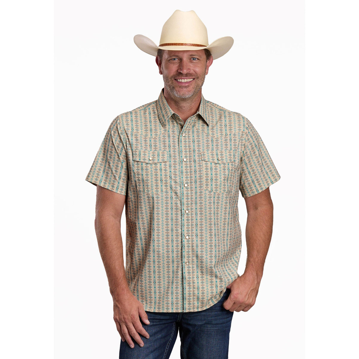 Roper Men's Active Collection Short Sleeve Shirt - Tan Print