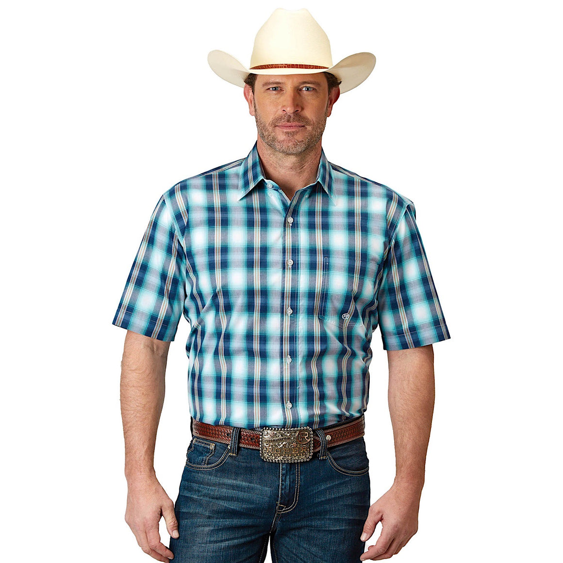 Roper Mens Amarillo Collection S/S Shirt Plaid Blue