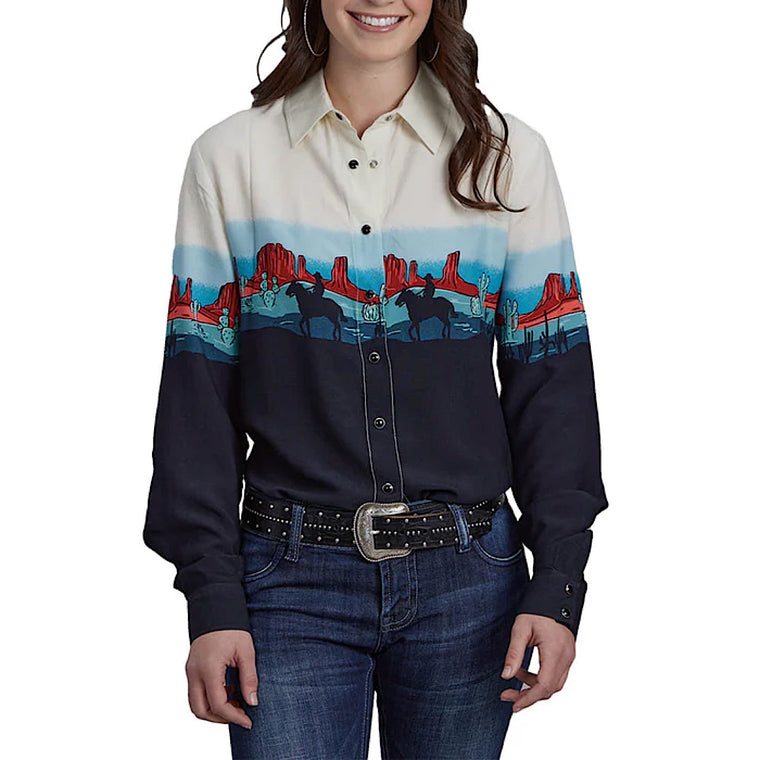 Roper Women's Five Star Collection Western Print Shirt- Navy / White