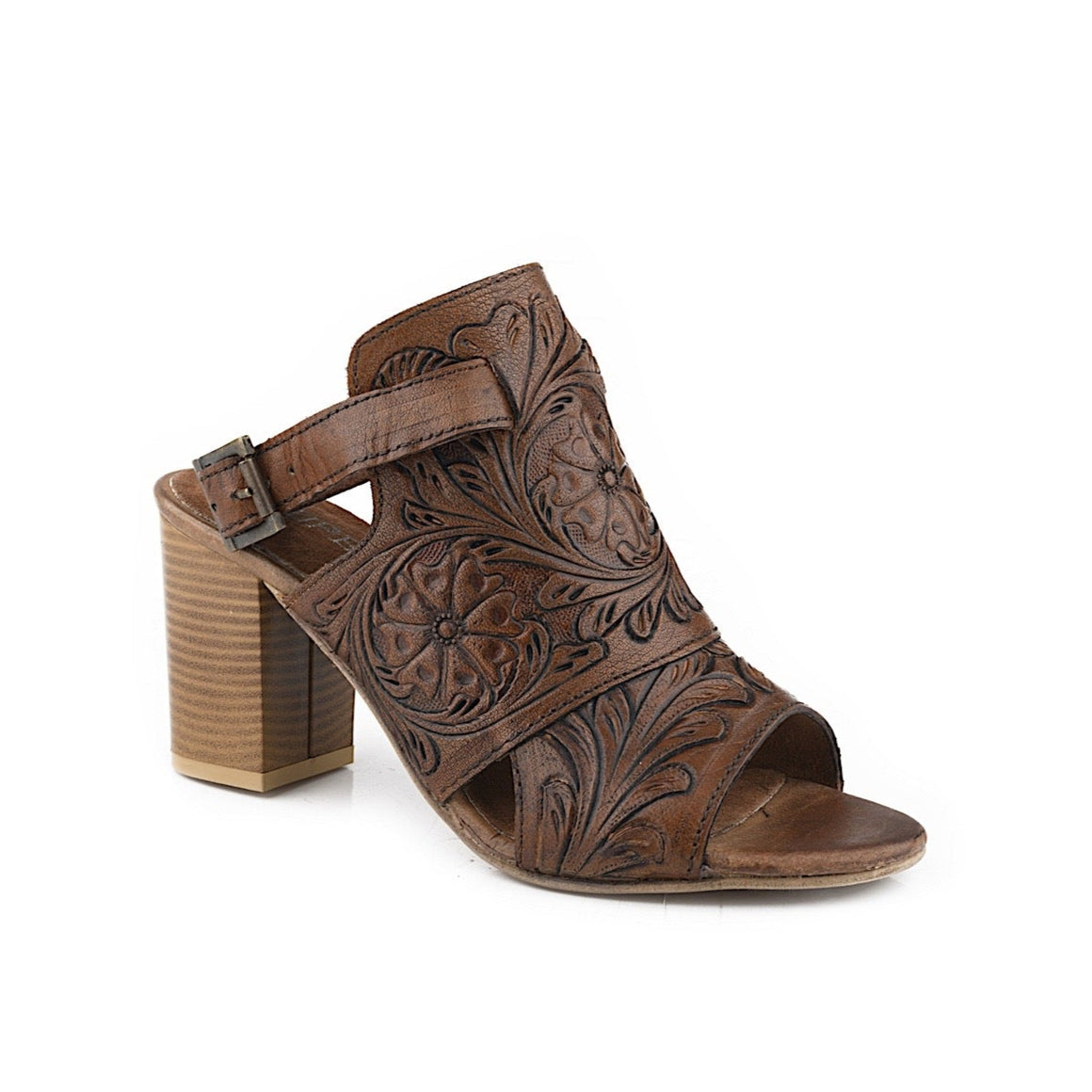 Roper Women's Mika Back Strap Heel - Tan Tooled Leather