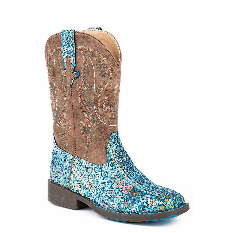 Roper LITTLE KIDS Glitter Aztec Western Boot - Brown / Blue Glitter