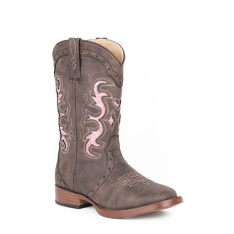 Roper LITTLE KIDS Lexi Western Boot - Chocolate / Pink Glitter Inlay