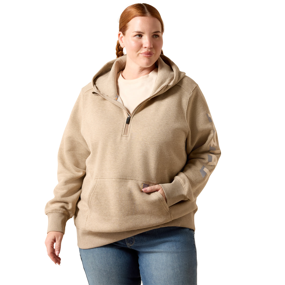 Ariat Women's Rebar Lightweight Logo 1/2 Zip Hoodie - Oatmeal Heather / Whisper Pink