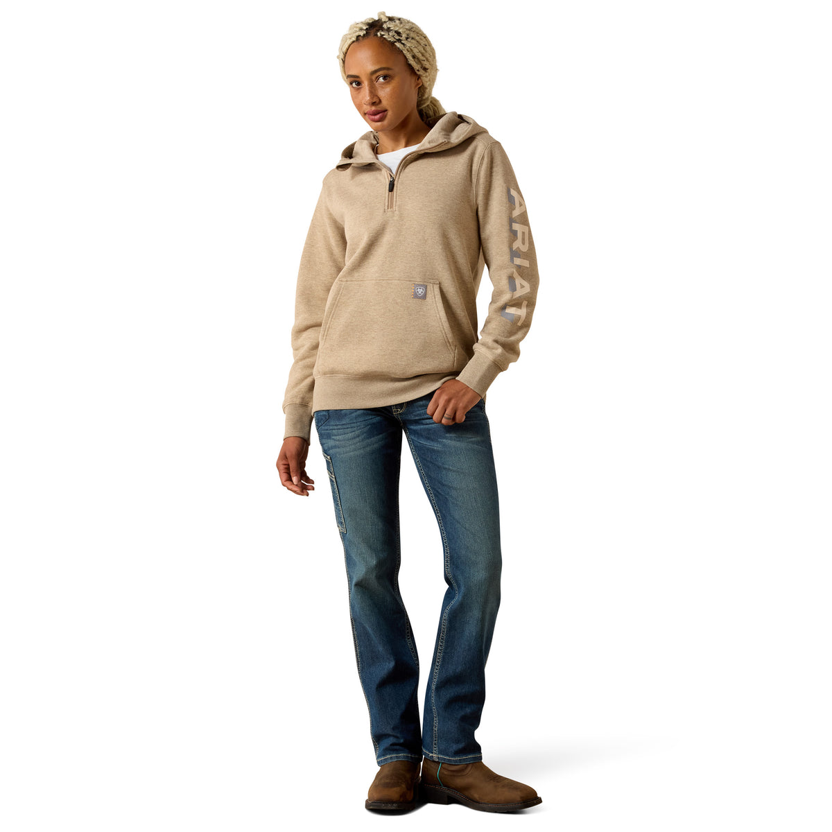 Ariat Women's Rebar Lightweight Logo 1/2 Zip Hoodie - Oatmeal Heather / Whisper Pink