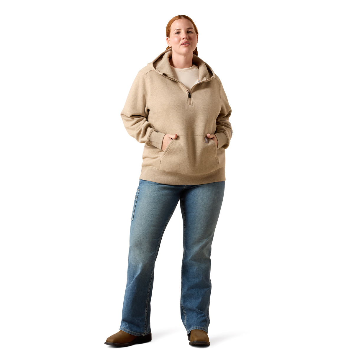 Ariat Women's Rebar Lightweight Logo 1/2 Zip Hoodie - Oatmeal Heather / Whisper Pink