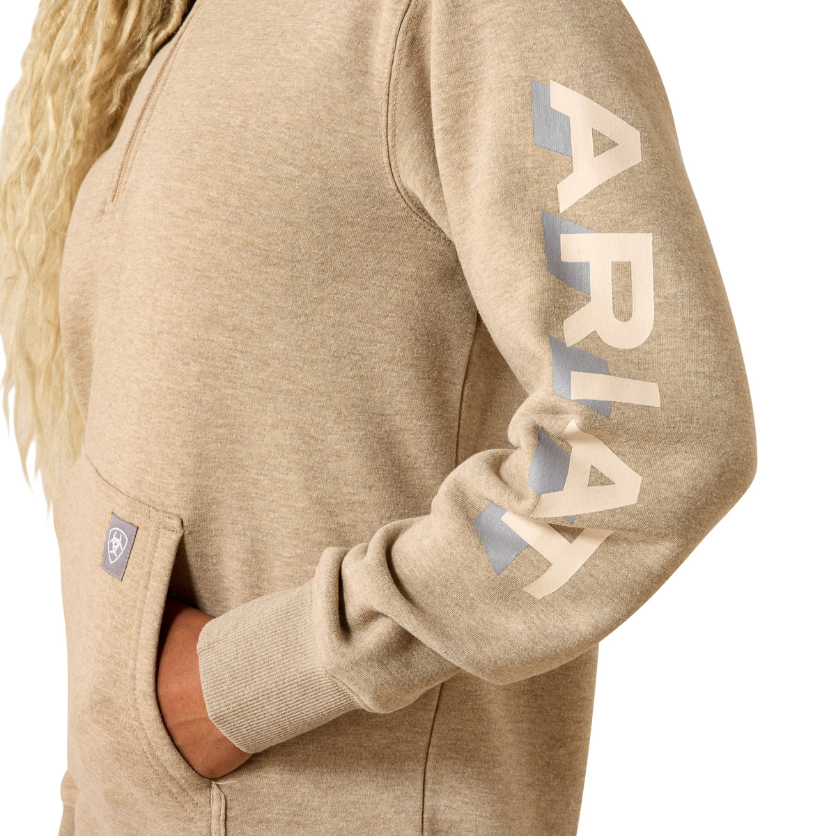 Ariat Women's Rebar Lightweight Logo 1/2 Zip Hoodie - Oatmeal Heather / Whisper Pink