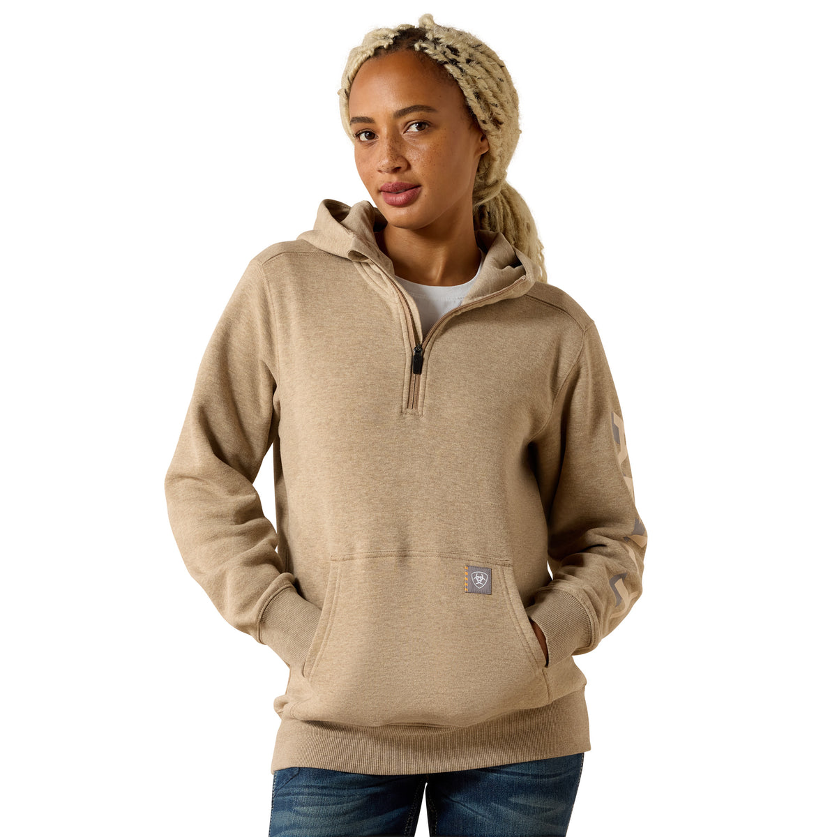 Ariat Women's Rebar Lightweight Logo 1/2 Zip Hoodie - Oatmeal Heather / Whisper Pink