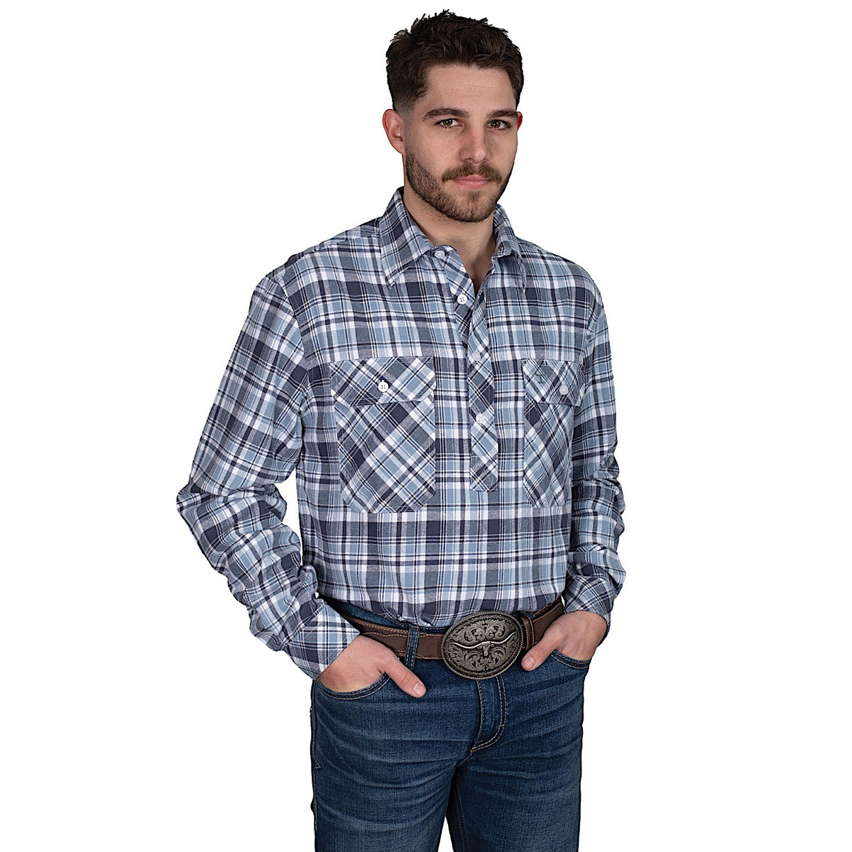 Just Country Men’s Cameron Flannel Shirt - Plaid Grey / Navy / White