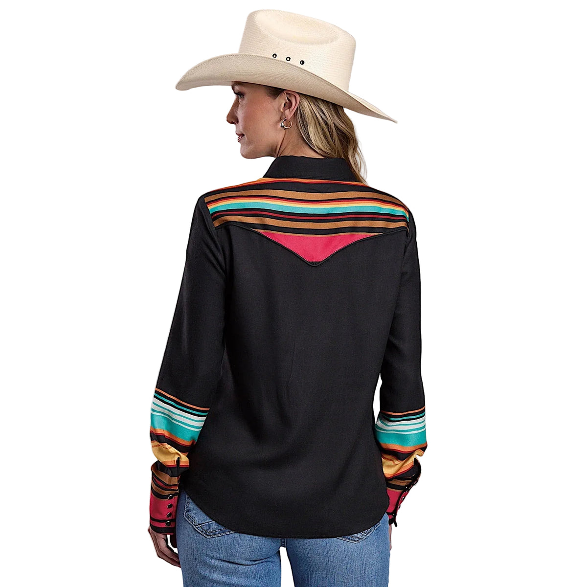 Stetson Women’s Stripe Border Print Shirt - Black / Multi Aztec Print