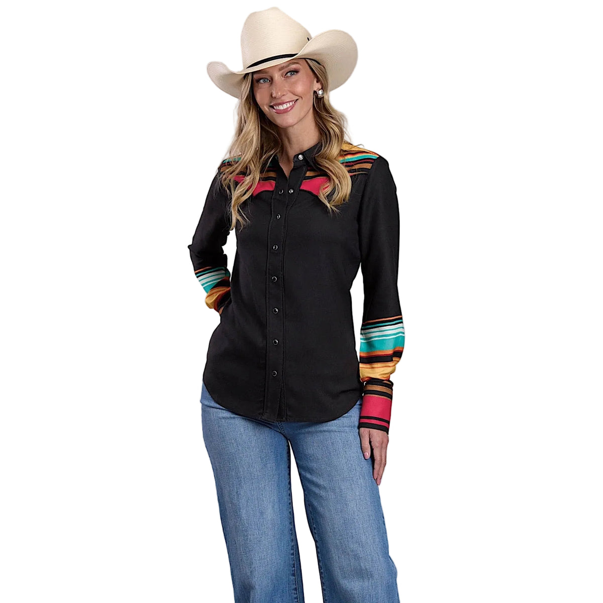 Stetson Women’s Stripe Border Print Shirt - Black / Multi Aztec Print
