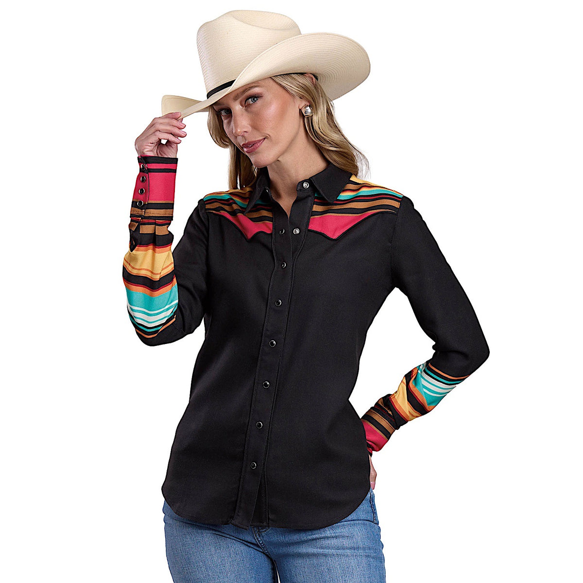 Stetson Women’s Stripe Border Print Shirt - Black / Multi Aztec Print
