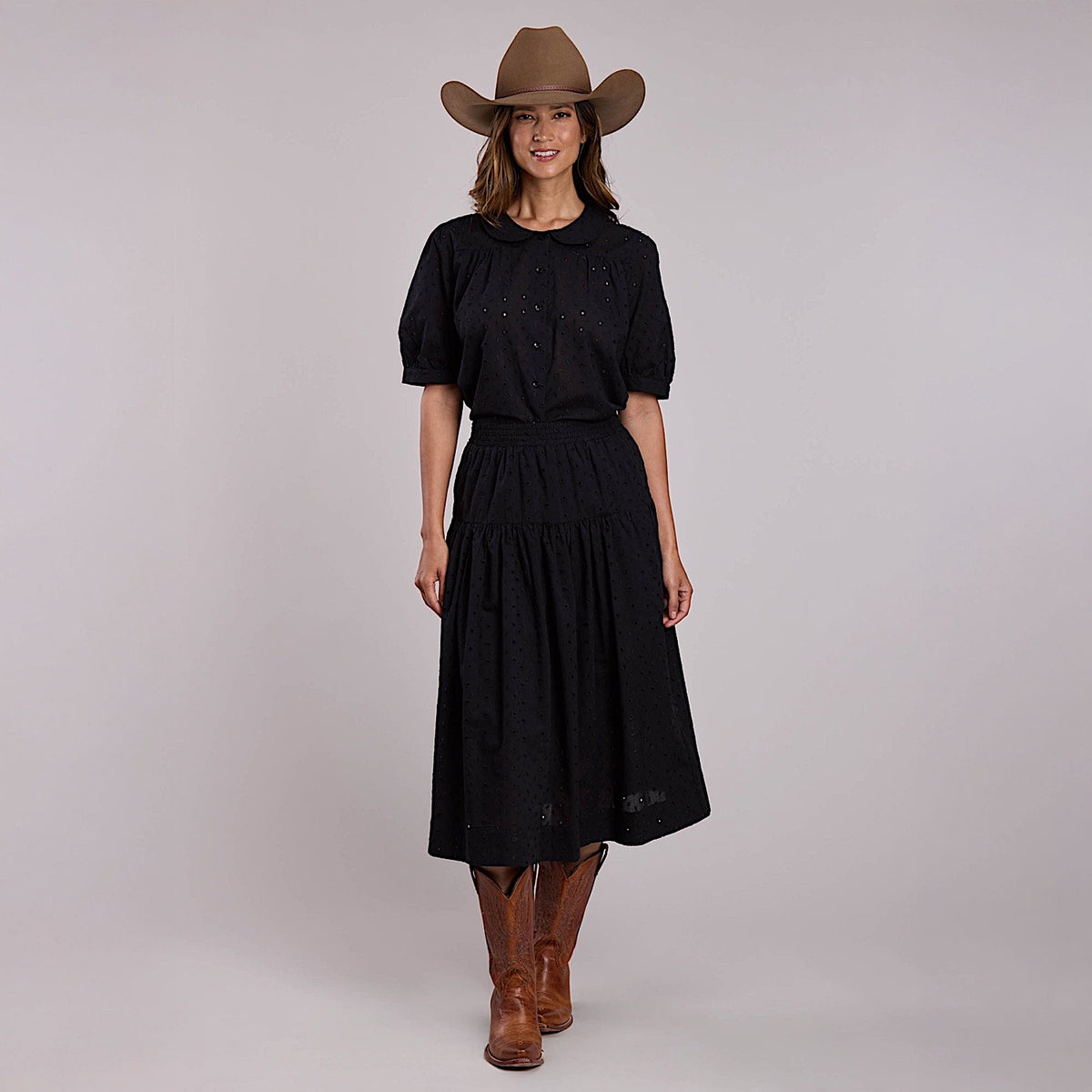 Stetson Women’s Cotton Lawn Eyelet Blouse - Black