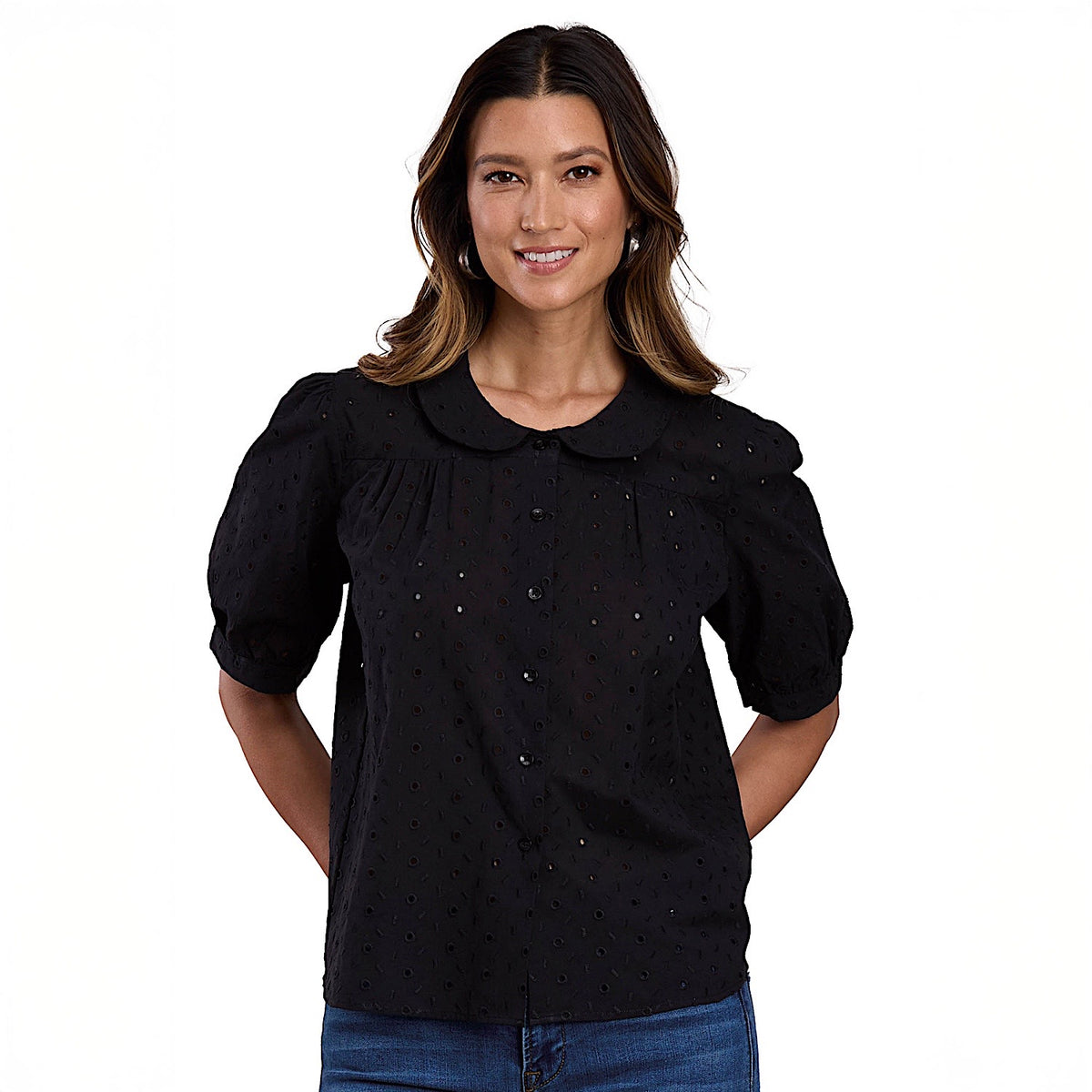 Stetson Women’s Cotton Lawn Eyelet Blouse - Black