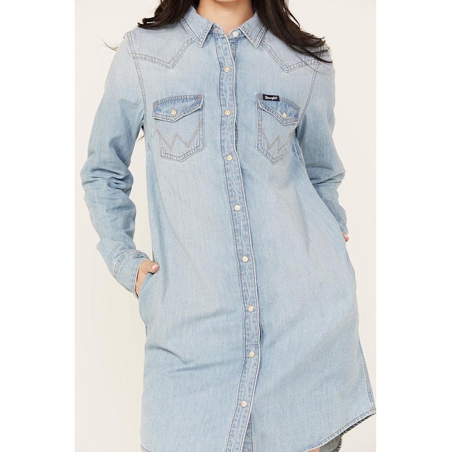 Buy Wrangler Womens Western Snap Front Denim Shirt Dress in Light Blue Den  - The Stable Door